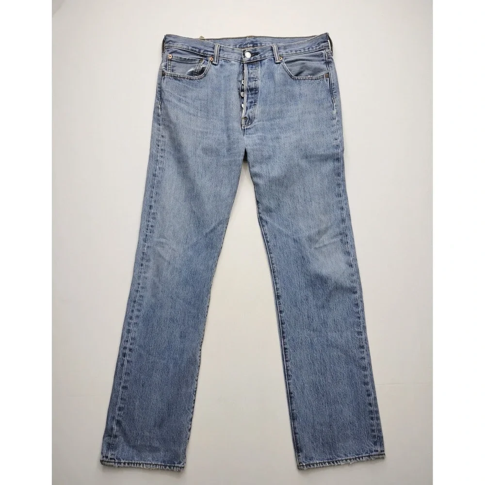 Levis 501 Jeans 34x34 Light Wash Blue Denim Button Fly Trashed Distressed
